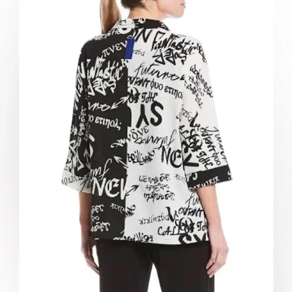 IC Connie K black white typography print front zip jacket 3/4 sleeves S - Picture 8 of 12